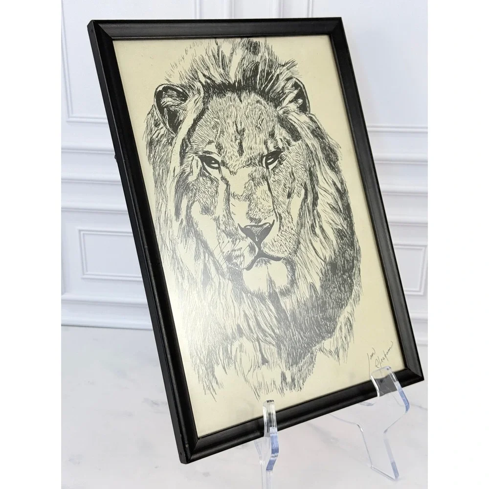Original Framed Signed Art Ink Drawing of Lion 11.5